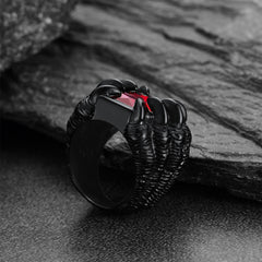 Anel masculino com pedra preciosa de aço inoxidável e garra de dragão de cristal