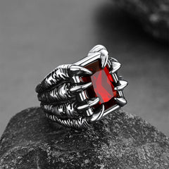 Anel masculino com pedra preciosa de aço inoxidável e garra de dragão de cristal