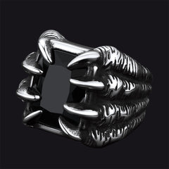 Anel masculino com pedra preciosa de aço inoxidável e garra de dragão de cristal