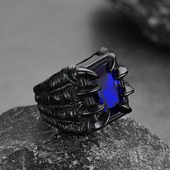 Anel masculino com pedra preciosa de aço inoxidável e garra de dragão de cristal