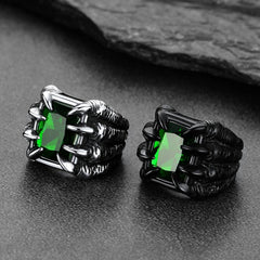 Anel masculino com pedra preciosa de aço inoxidável e garra de dragão de cristal