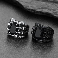 Anel masculino com pedra preciosa de aço inoxidável e garra de dragão de cristal