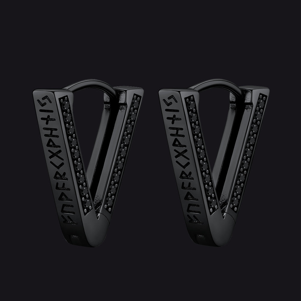 Brincos de argola triangulares Viking Rune de prata esterlina com zircônia preta para homens
