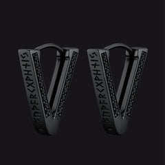 Brincos de argola triangulares Viking Rune de prata esterlina com zircônia preta para homens