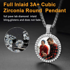 Colar com pingente de foto personalizado em círculo com zircônia cúbica masculina