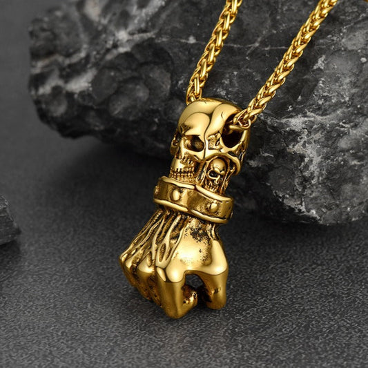 Punk Skull Fist Pendant Necklace Men
