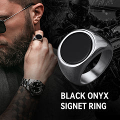 Anel de sinete redondo de ônix preta masculino em aço inoxidável