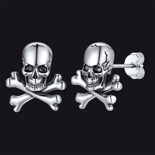Brincos de pino com caveira punk e ossos cruzados para homens