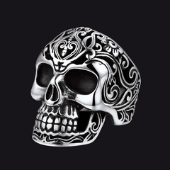 Anel de sinete gótico de ônix preto com caveira masculina