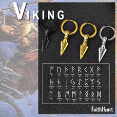 Brincos de argola com ponta de flecha e runa viking nórdica, Gungnir, para homens