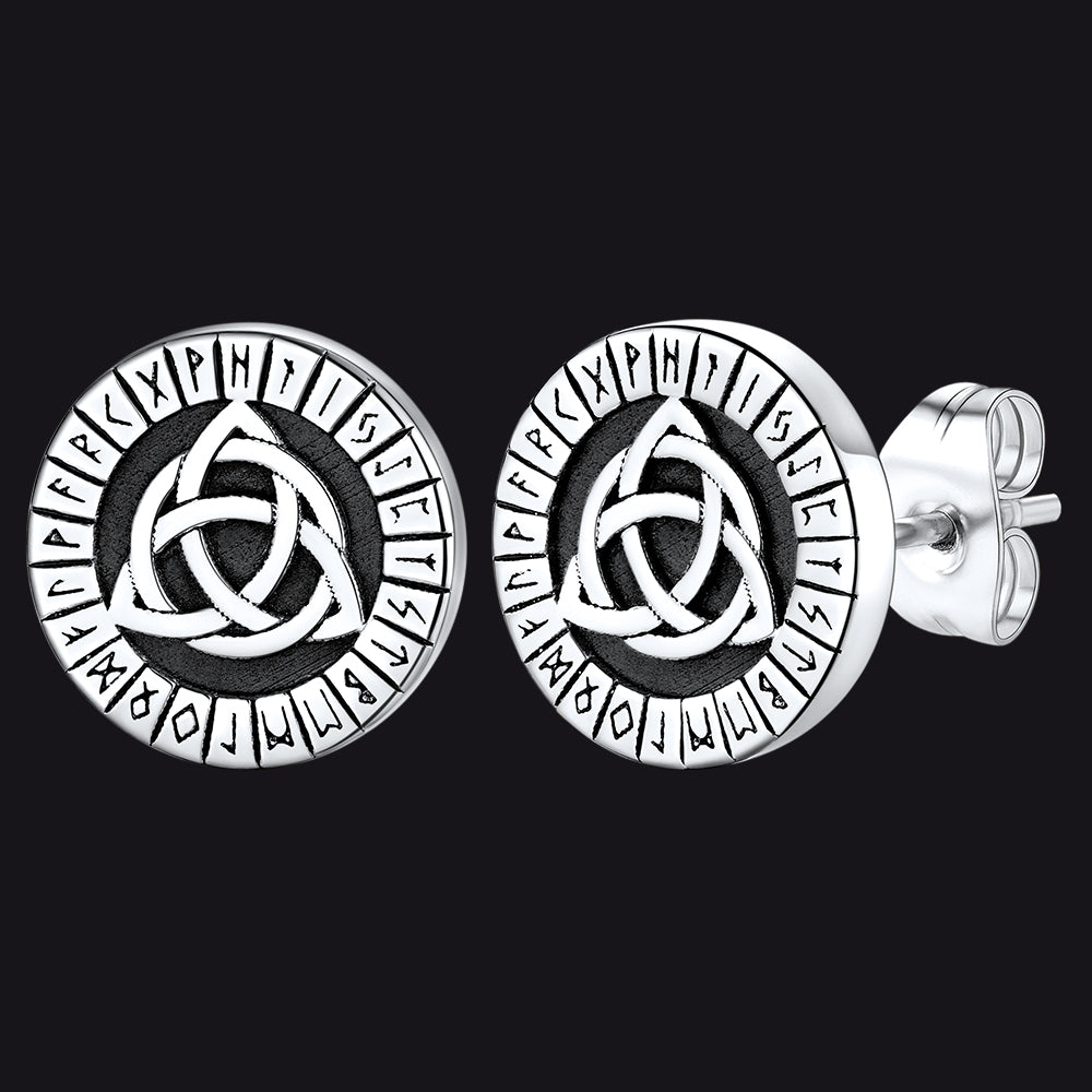 Viking Celtic Knot With Rune Stud Earrings for Men