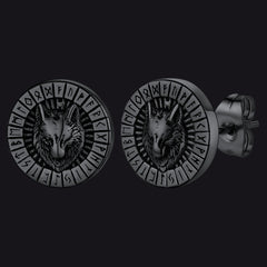 Viking Wolf Head Stud Earrings with Runes For Men