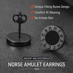 Brincos de pino de ônix preto de prata esterlina com runas vikings em