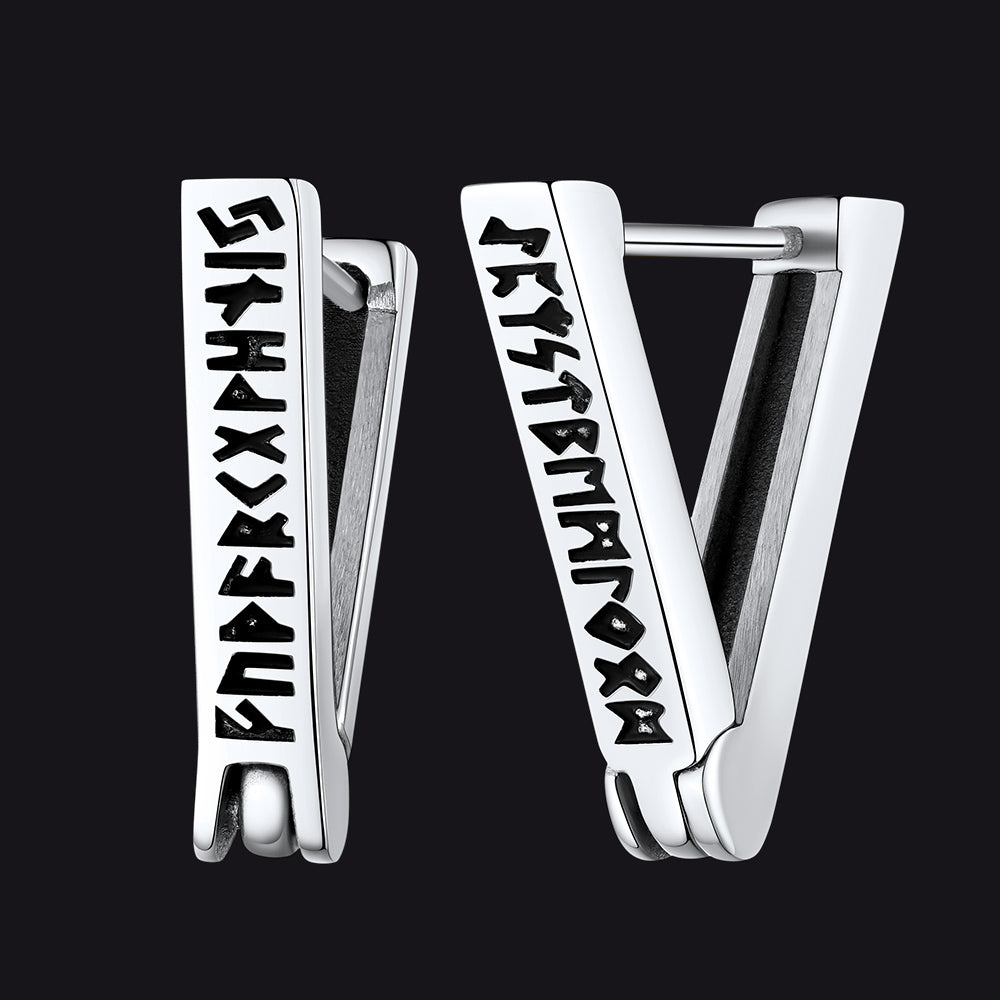 Triangle Huggie Hoop Earrings with Viking Runes For Men