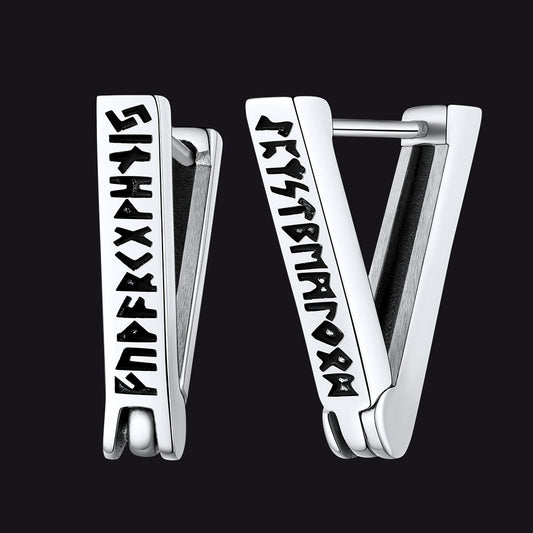 Triangle Huggie Hoop Earrings with Viking Runes For Men