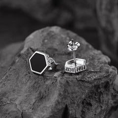 Brincos de pino Viking Rune Hexagon Black Onyx para homens