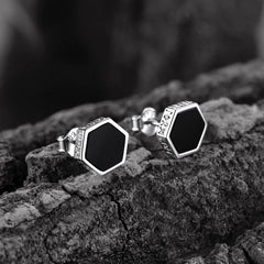 Brincos de pino Viking Rune Hexagon Black Onyx para homens