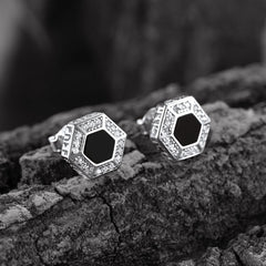 Brincos de pino Viking Rune Hexagon Black Onyx para homens