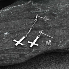 Ohrstecker aus Sterlingsilber mit umgedrehtem Kreuz, baumelnd, für Männer und Frauen