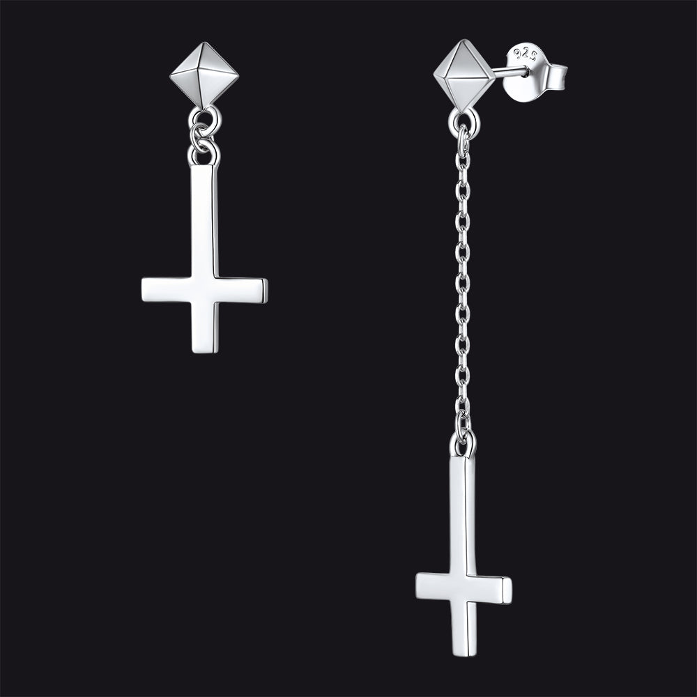 Ohrstecker aus Sterlingsilber mit umgedrehtem Kreuz, baumelnd, für Männer und Frauen