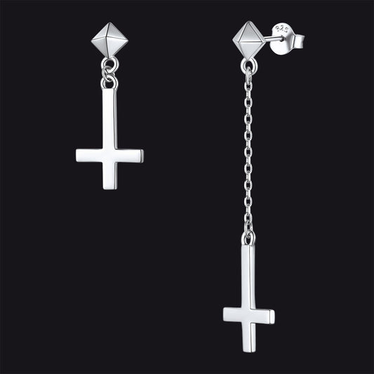 Ohrstecker aus Sterlingsilber mit umgedrehtem Kreuz, baumelnd, für Männer und Frauen