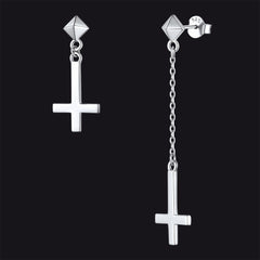 Ohrstecker aus Sterlingsilber mit umgedrehtem Kreuz, baumelnd, für Männer und Frauen