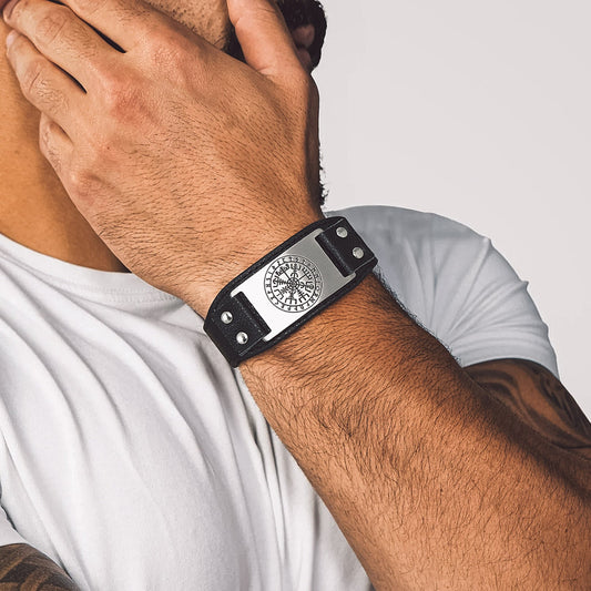 Norse Viking Compass Leather Wristband Son Bracelet