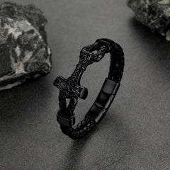 Pulseira de couro trançado Viking Thors Hammer Mjolnir para presente