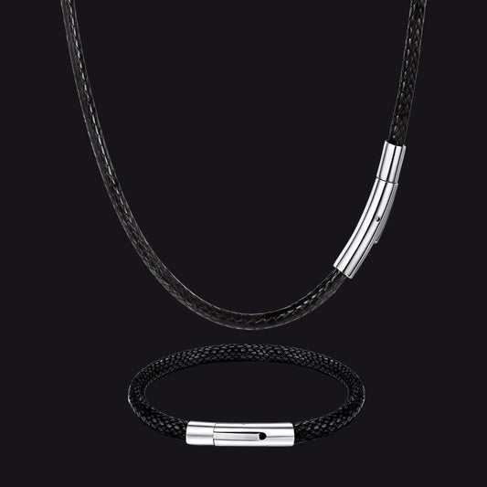 Geflochtenes Lederkordel-Kettenseil-Halsketten- und Armband-Set für Herren