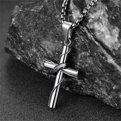 Colar com pingente de cruz e anel de halo cristão masculino