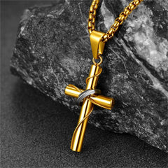 Colar com pingente de cruz e anel de halo cristão masculino