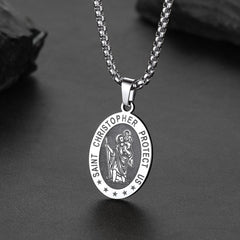 Colar masculino oval cristão com medalha de proteção de São Cristóvão