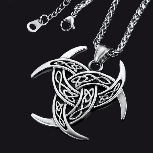 Wikinger-Halskette mit dreifachem Horn und Odin-Anhänger, Halbmond, Triquetra, Amulett für Herren