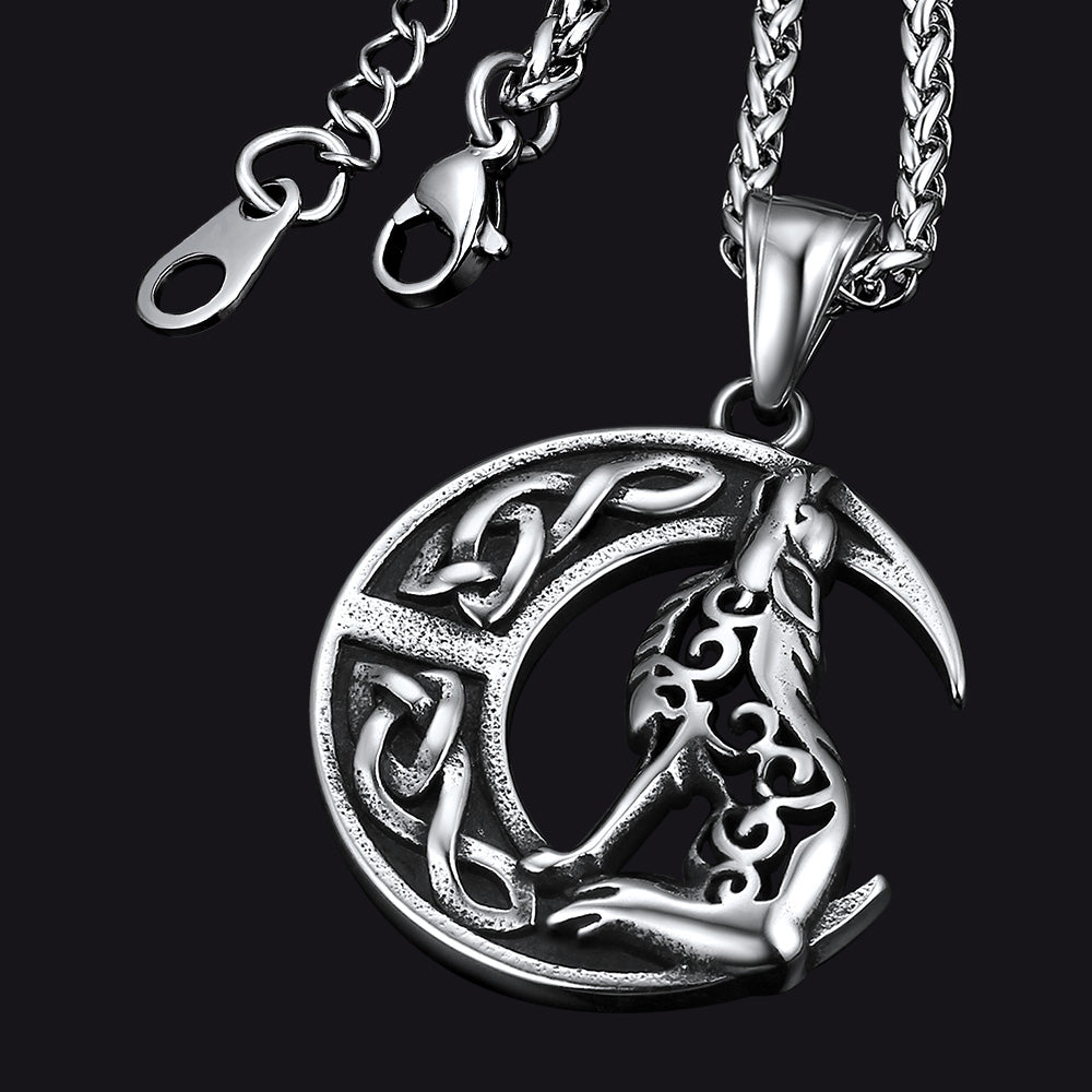 Colar com pingente de lobo celta viking lua crescente masculino