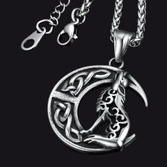 Colar com pingente de lobo celta viking lua crescente masculino