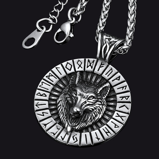 Wikinger-Wolfsmedaillen-Halskette mit Runenschmuck für Männer