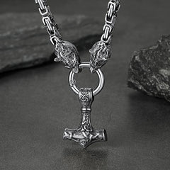 Colar Viking Mjolnir com Martelo de Thor e Corrente com Cabeça de Lobo