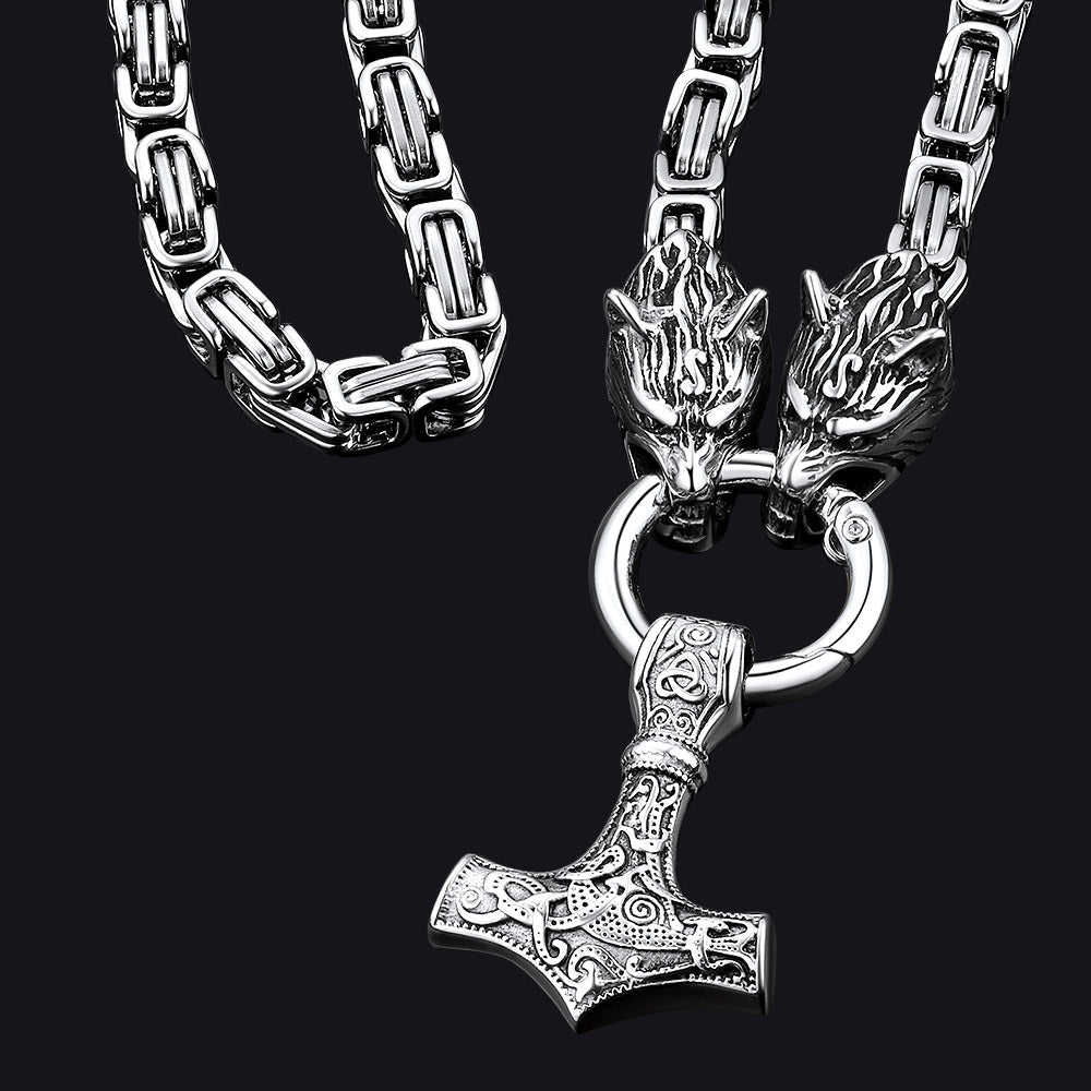 Colar Viking Mjolnir com Martelo de Thor e Corrente com Cabeça de Lobo