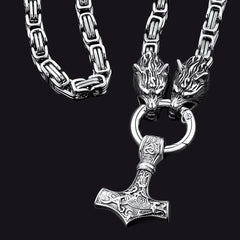 Colar Viking Mjolnir com Martelo de Thor e Corrente com Cabeça de Lobo