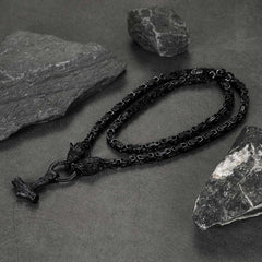 Colar Viking Mjolnir com Martelo de Thor e Corrente com Cabeça de Lobo