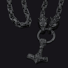Colar Viking Mjolnir com Martelo de Thor e Corrente com Cabeça de Lobo