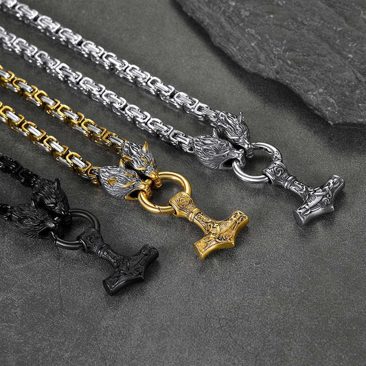 Wikinger Mjolnir Thors Hammer Halskette Wolfskopf Kette