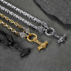 Colar Viking Mjolnir com Martelo de Thor e Corrente com Cabeça de Lobo