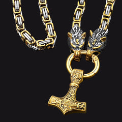 Colar Viking Mjolnir com Martelo de Thor e Corrente com Cabeça de Lobo