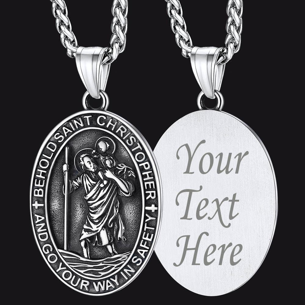 Colar masculino com medalha católica gravada de São Cristóvão