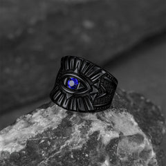 Anel de aço inoxidável com safira azul e olho que tudo vê