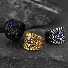 Anel de aço inoxidável com safira azul e olho que tudo vê