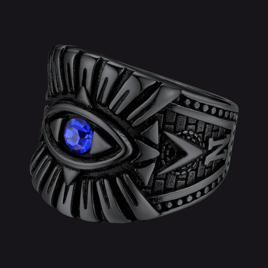 Anel de aço inoxidável com safira azul e olho que tudo vê