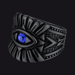 Anel de aço inoxidável com safira azul e olho que tudo vê