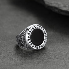 Anel de sinete de ônix preto com runas vikings masculino